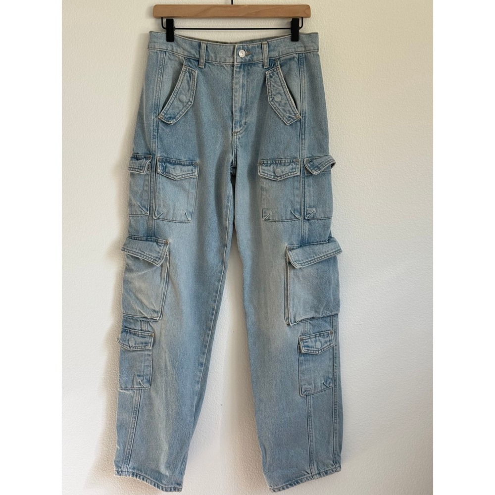 Zara Cargo Jeans 4 Light Wash Blue High Rise Straight Leg Y2K Utility Streetwear